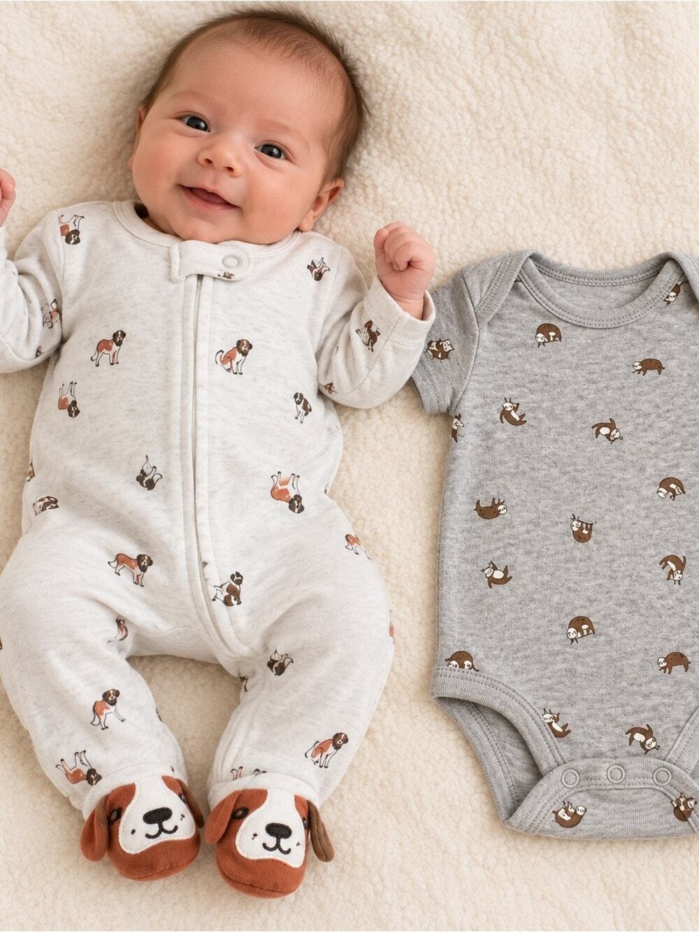 Carter's Gray & Brown Dog Print Footie Set & Sloth Onesie Sz NB #2406